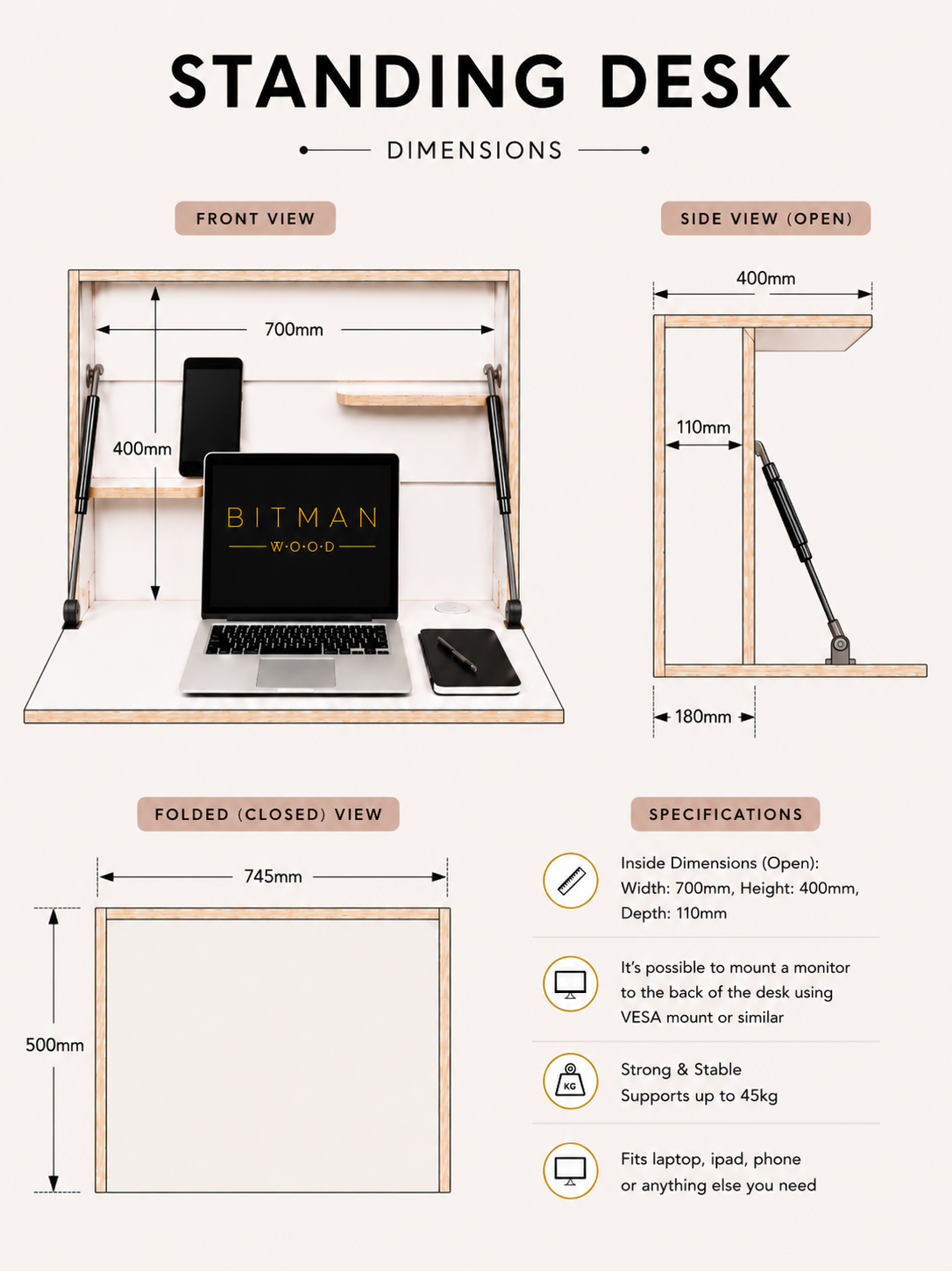 STANDING DESK• Arctic Grey Wall Mounted Folding Desk Secretary Workspace with Led Light