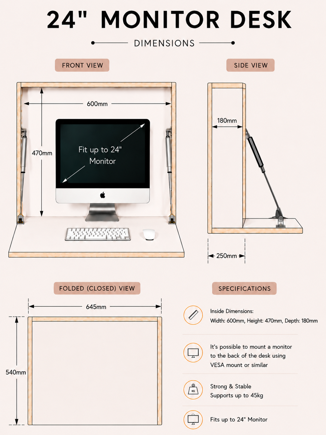 24” MONITOR DESK• Stone Grey
