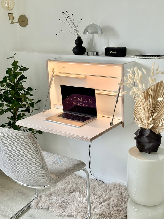 ORIGINAL FOLDING DESK• White Wall Mounted Home Office Space Saving Table With Led Light