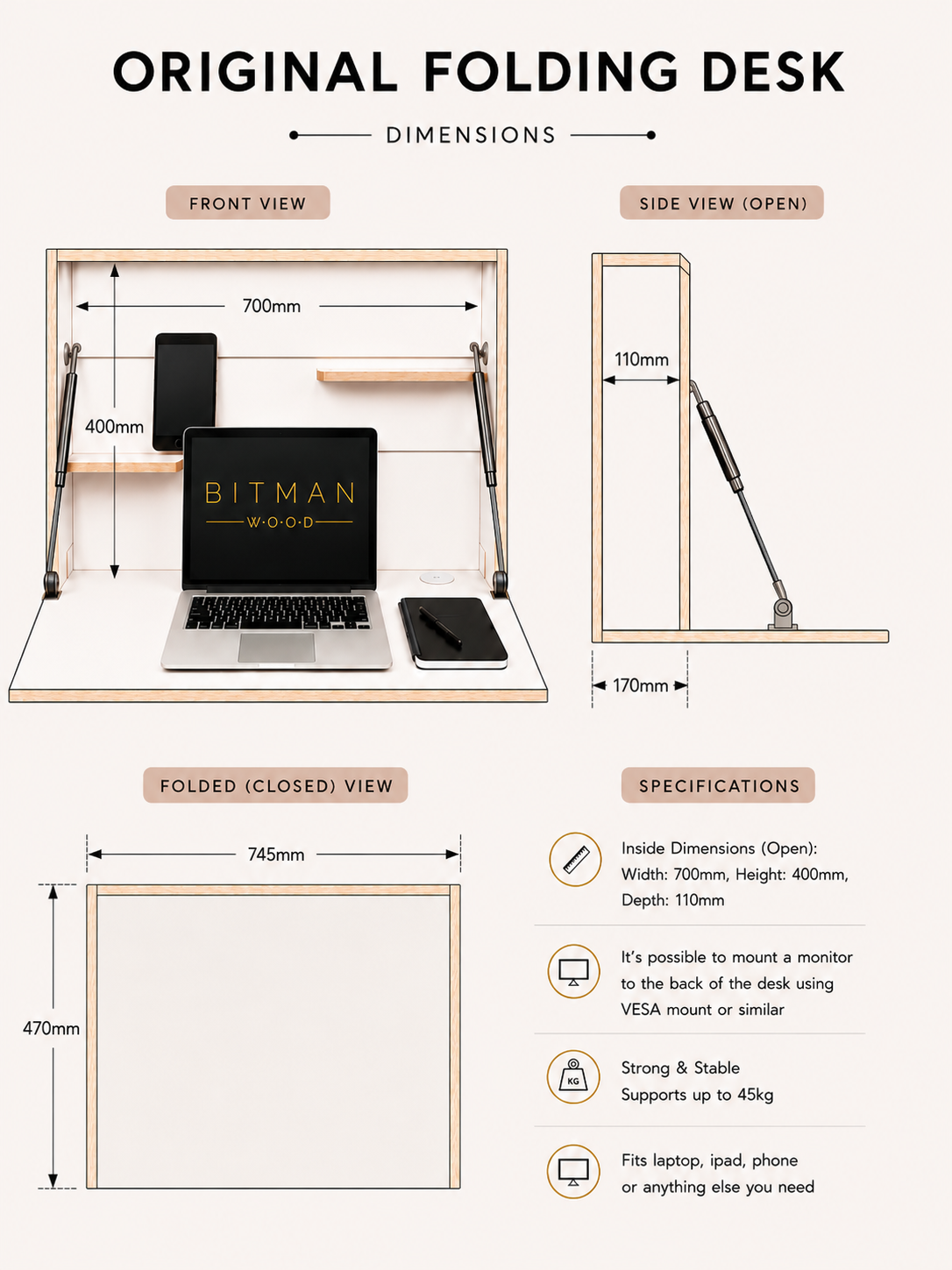 ORIGINAL FOLDING DESK• White Wall Mounted Home Office Floating Fold Down Space Saving Workstation
