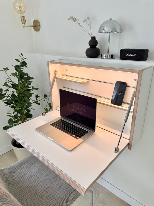 ORIGINAL FOLDING DESK• White Wall Mounted Home Office Floating Fold Down Space Saving Workstation