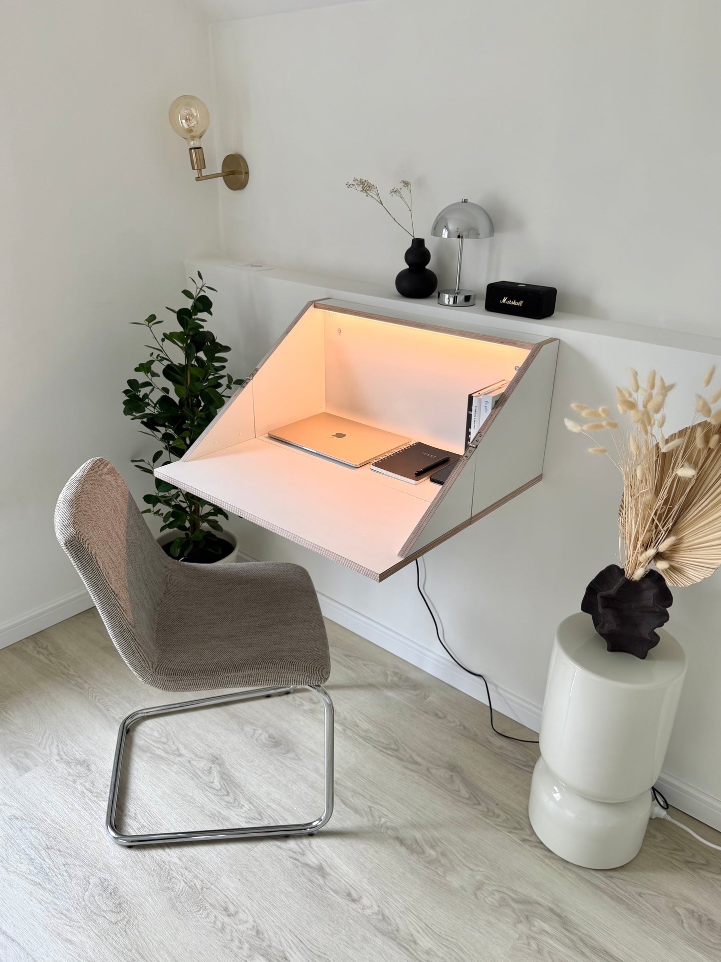 FLOATING SHELF DESK• White Hidden Wall Mounted Home Office Fold Down Space Saving Workstation