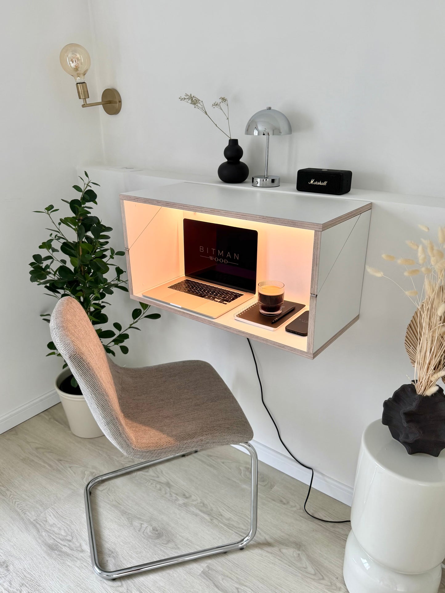 FLOATING SHELF DESK• White Hidden Wall Mounted Home Office Fold Down Space Saving Workstation