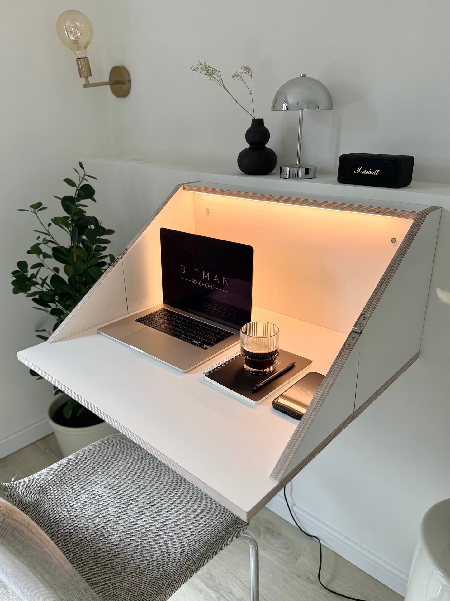 FLOATING SHELF DESK• White Hidden Wall Mounted Home Office Fold Down Space Saving Workstation