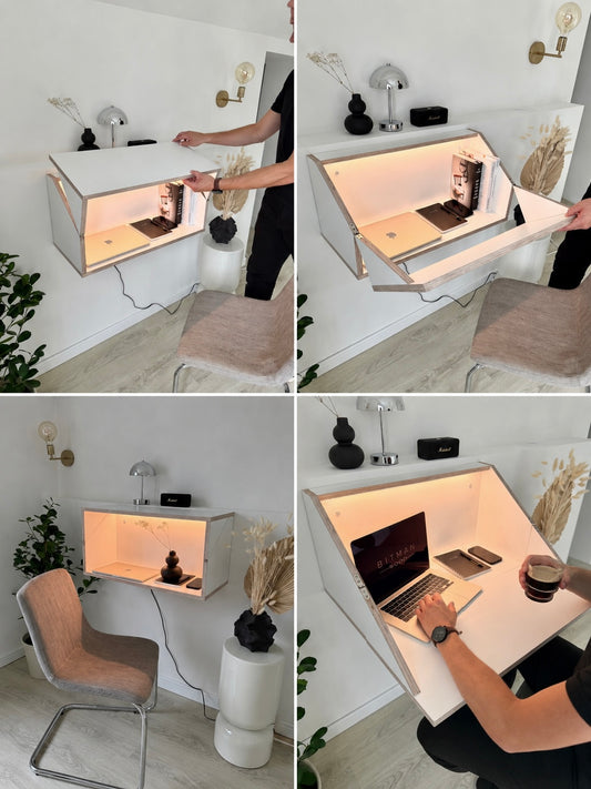 FLOATING SHELF DESK• White Hidden Wall Mounted Home Office Fold Down Space Saving Workstation