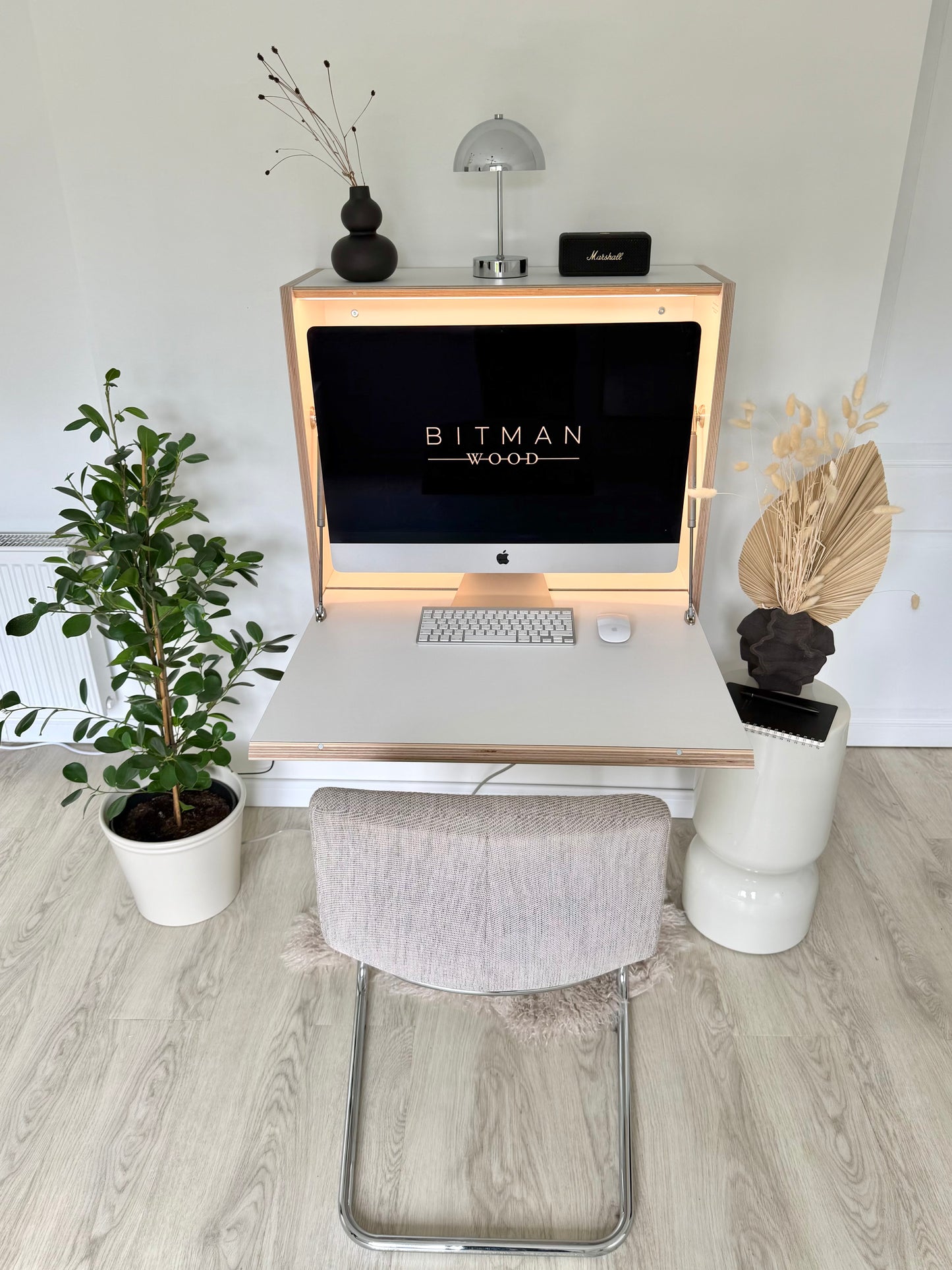 27" MONITOR DESK• White Wall Mounted Fold Down Office Space Saving Workstation with Led