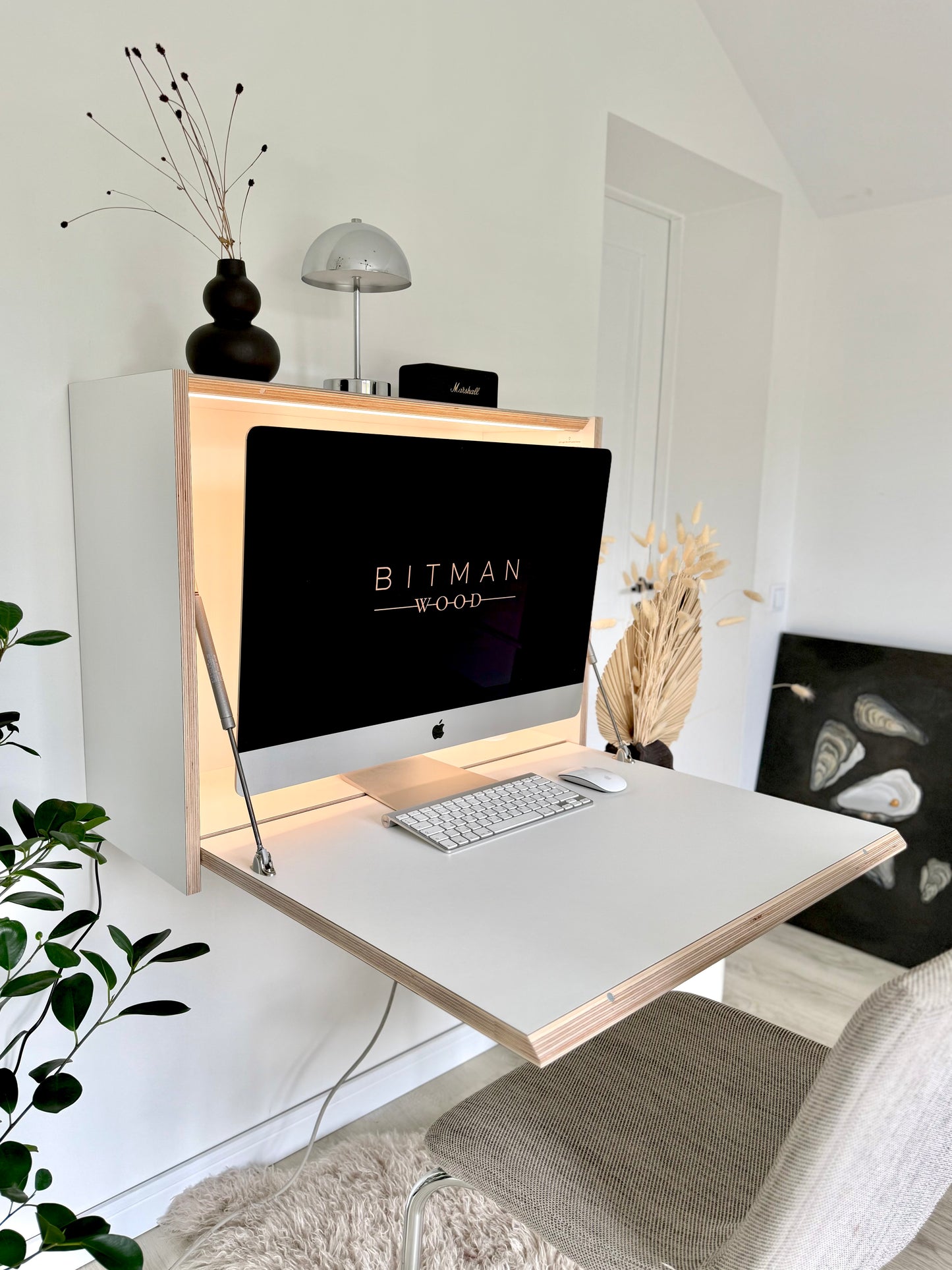 27" MONITOR DESK• White Wall Mounted Fold Down Office Space Saving Workstation with Led