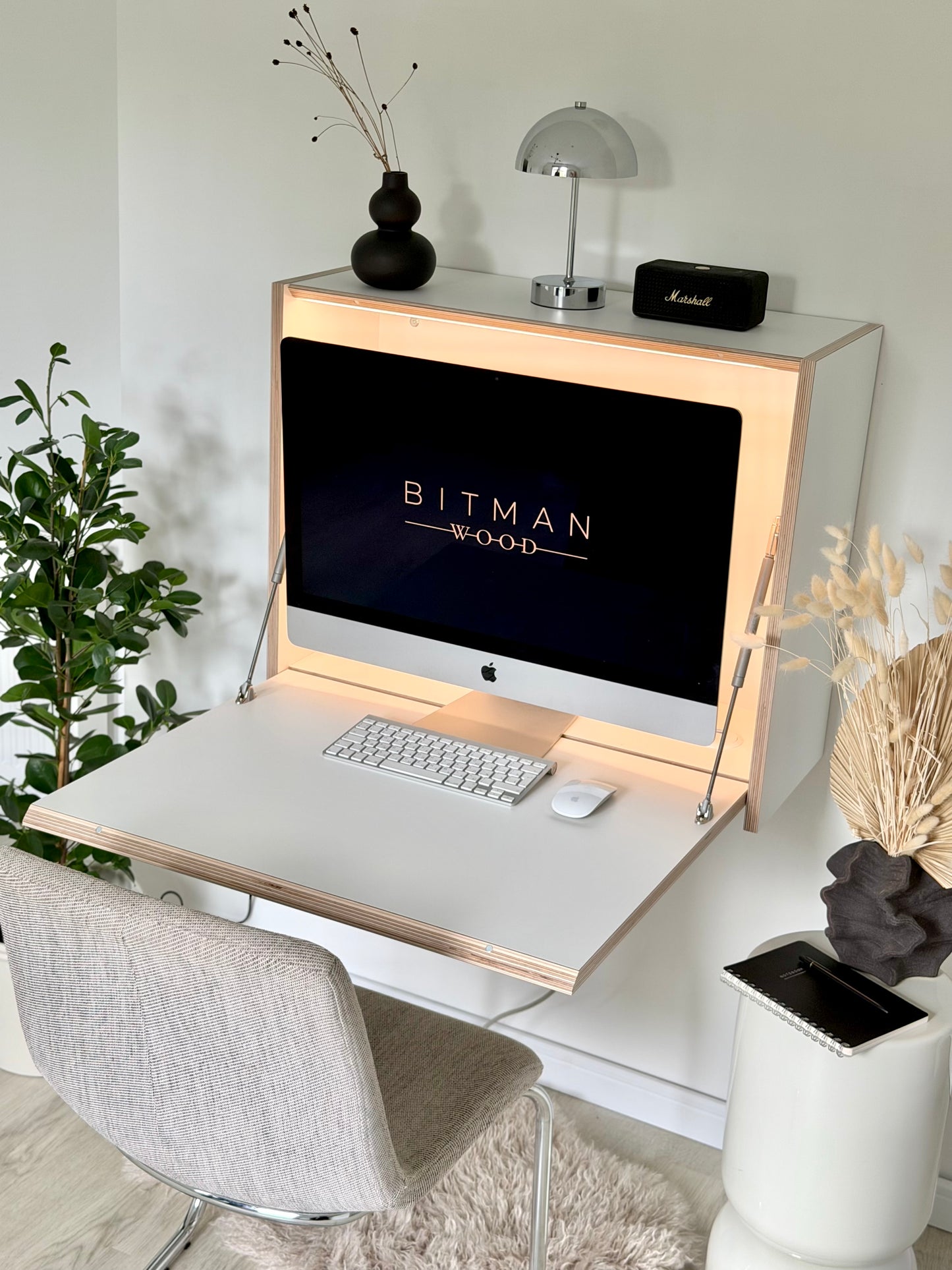 27" MONITOR DESK• White Wall Mounted Fold Down Office Space Saving Workstation with Led