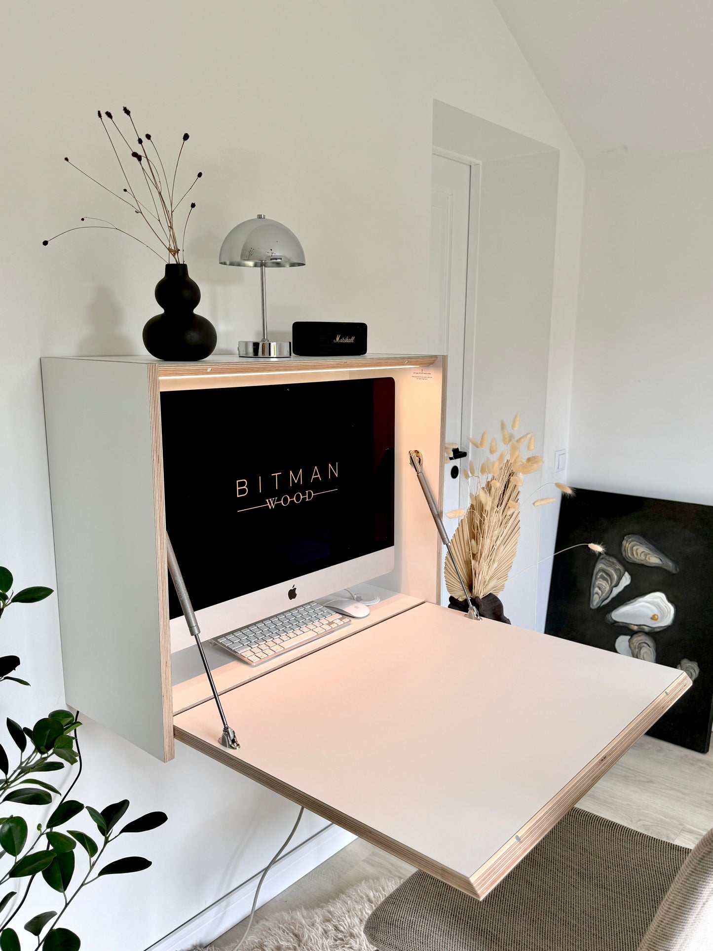 27" MONITOR DESK• White Wall Mounted Fold Down Office Space Saving Workstation with Led