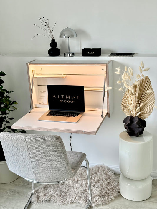 ORIGINAL FOLDING DESK• White Wall Mounted Home Office Space Saving Table With Led Light