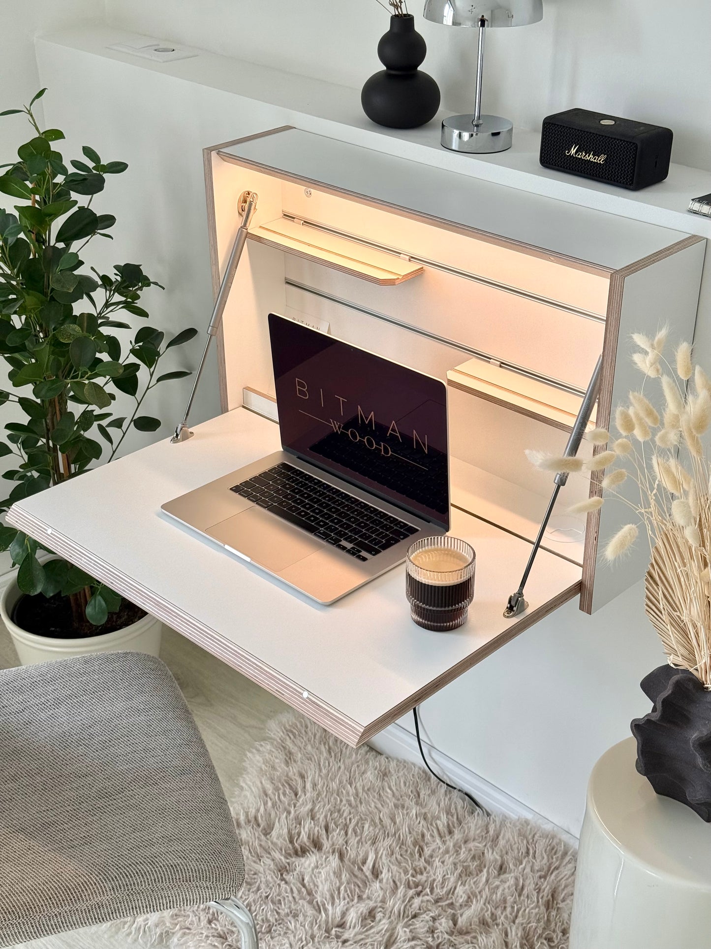 ORIGINAL FOLDING DESK• White Wall Mounted Home Office Space Saving Table With Led Light