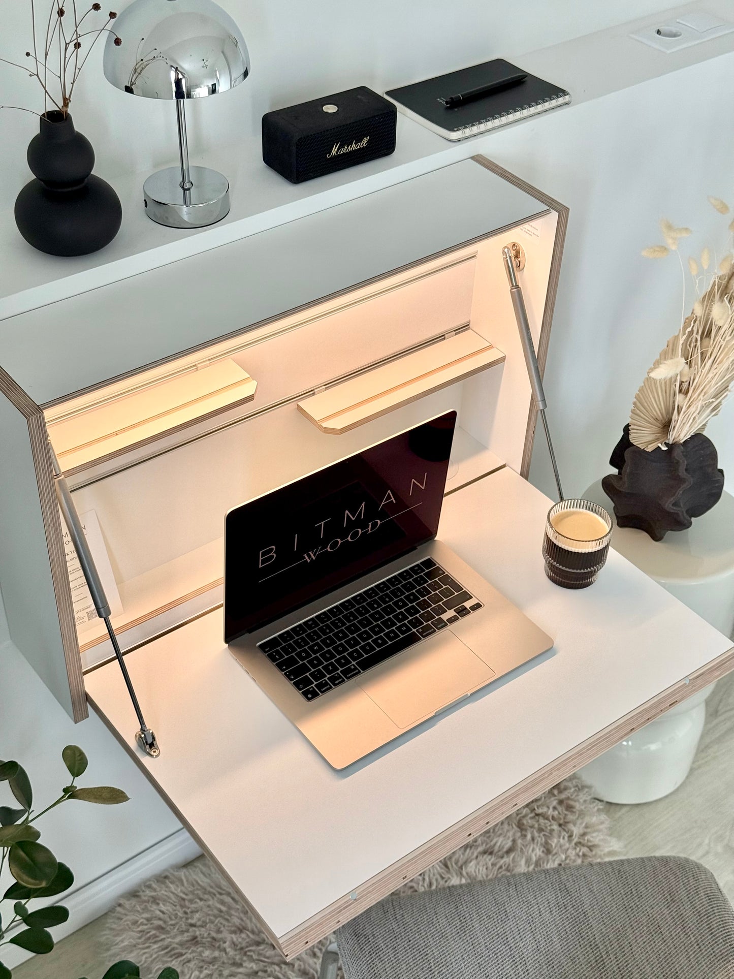 ORIGINAL FOLDING DESK• White Wall Mounted Home Office Space Saving Table With Led Light