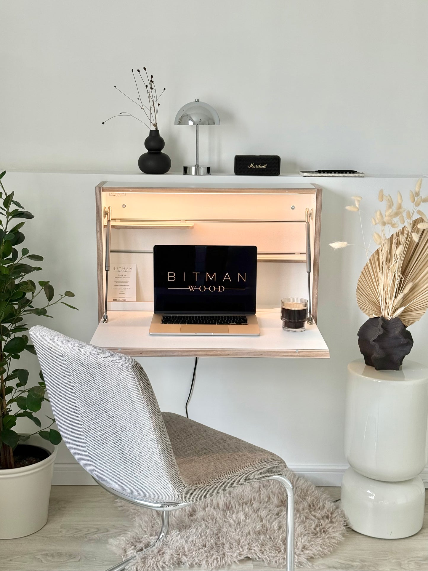 ORIGINAL FOLDING DESK• White Wall Mounted Home Office Space Saving Table With Led Light