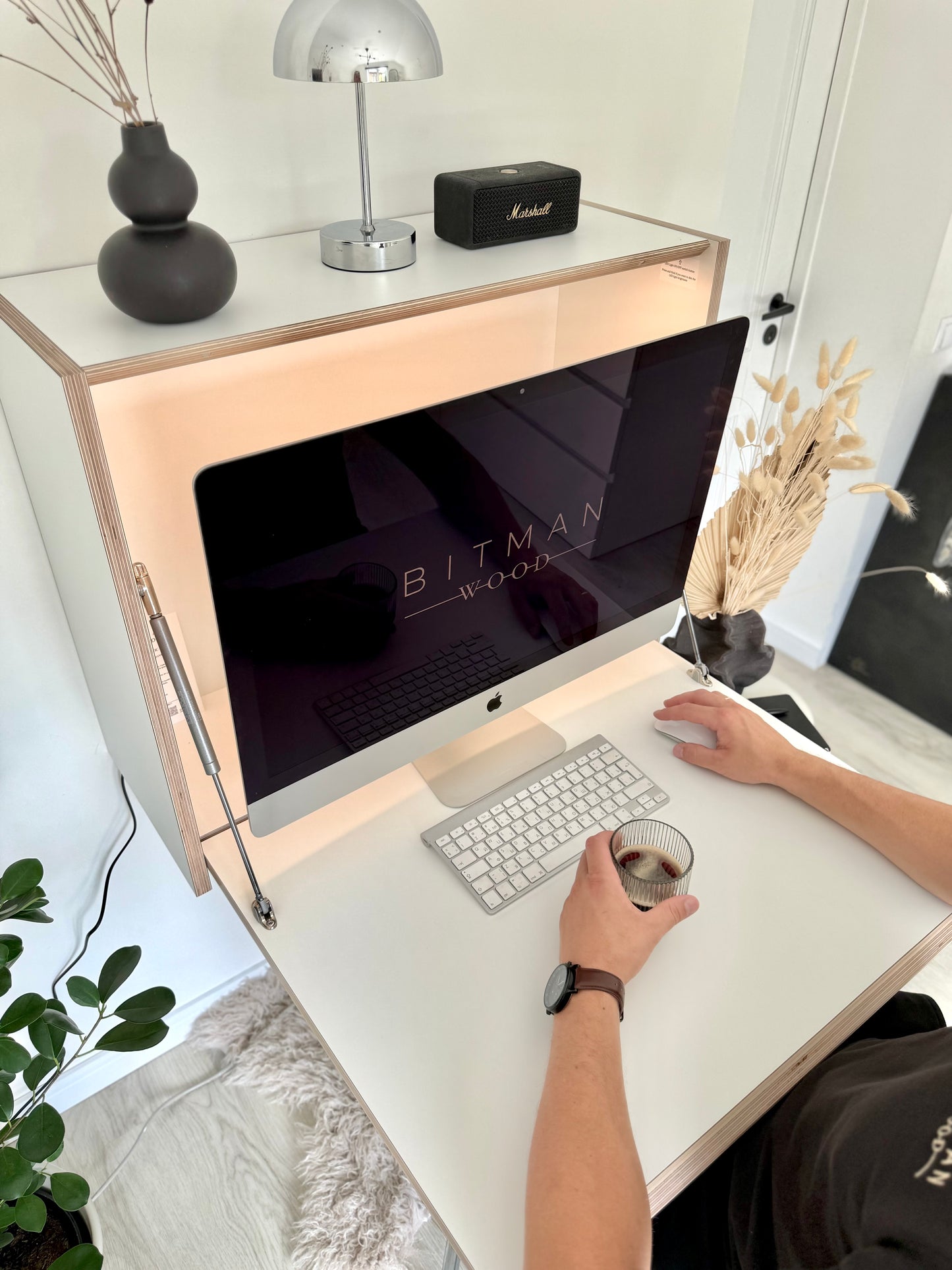 27" MONITOR DESK• White Wall Mounted Fold Down Office Space Saving Workstation with Led