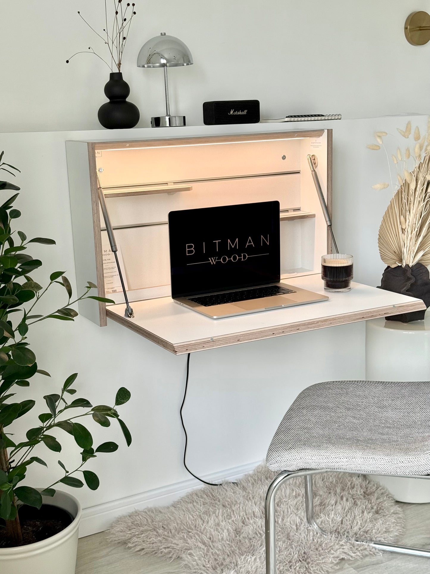 ORIGINAL FOLDING DESK• White Wall Mounted Home Office Space Saving Table With Led Light