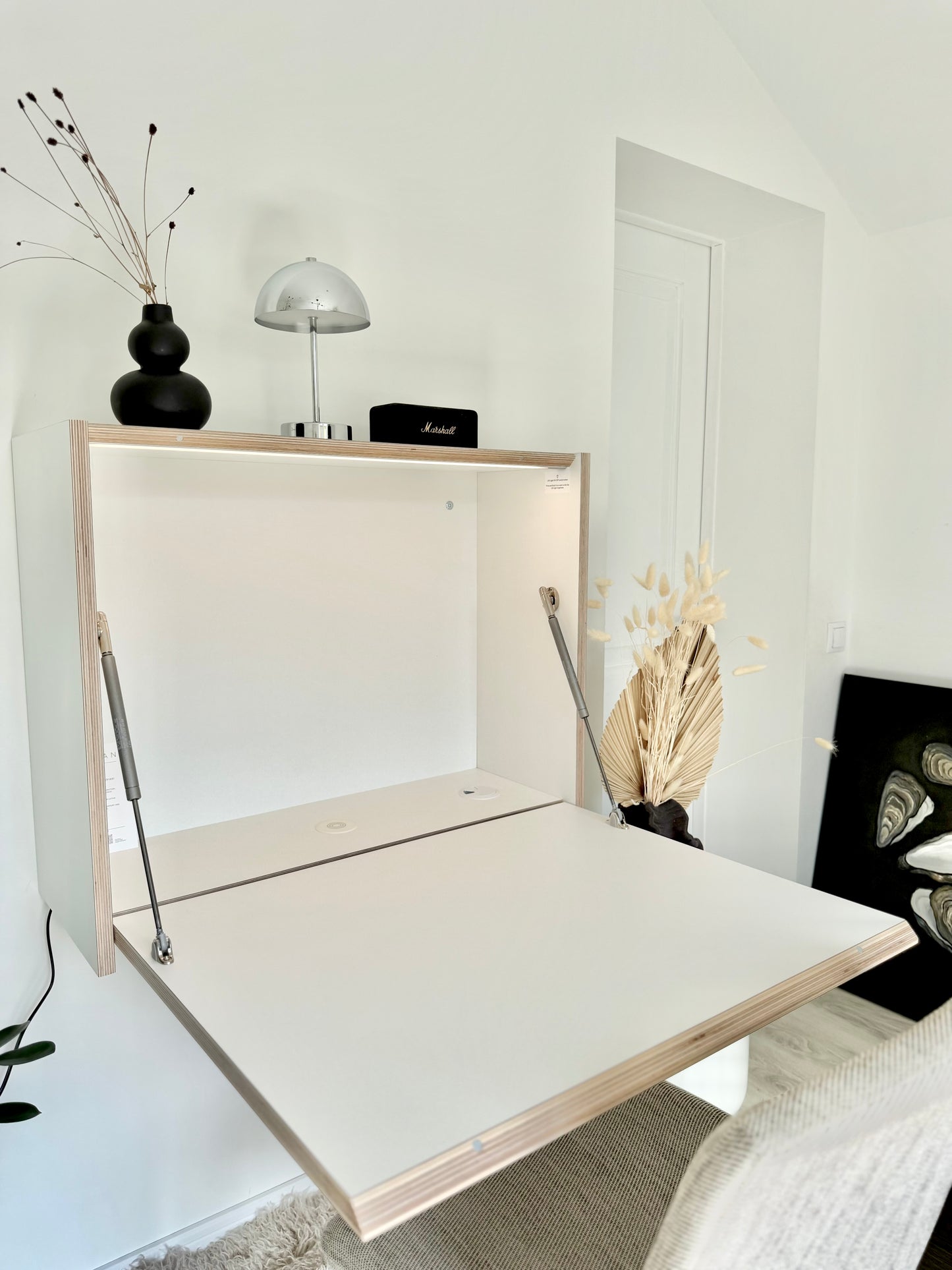 27" MONITOR DESK• White Wall Mounted Fold Down Office Space Saving Workstation with Led