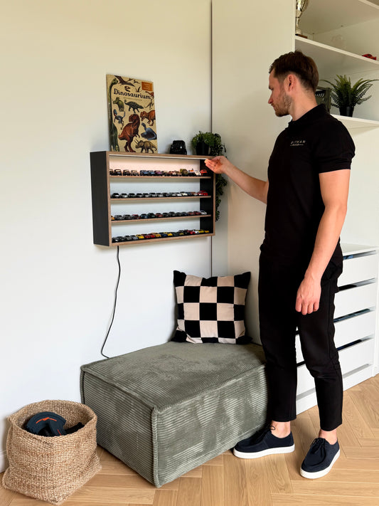 COLLECTOR SHELF• Black Modern Display for Hot Wheels Perfumes Collectibles with LED Lighting