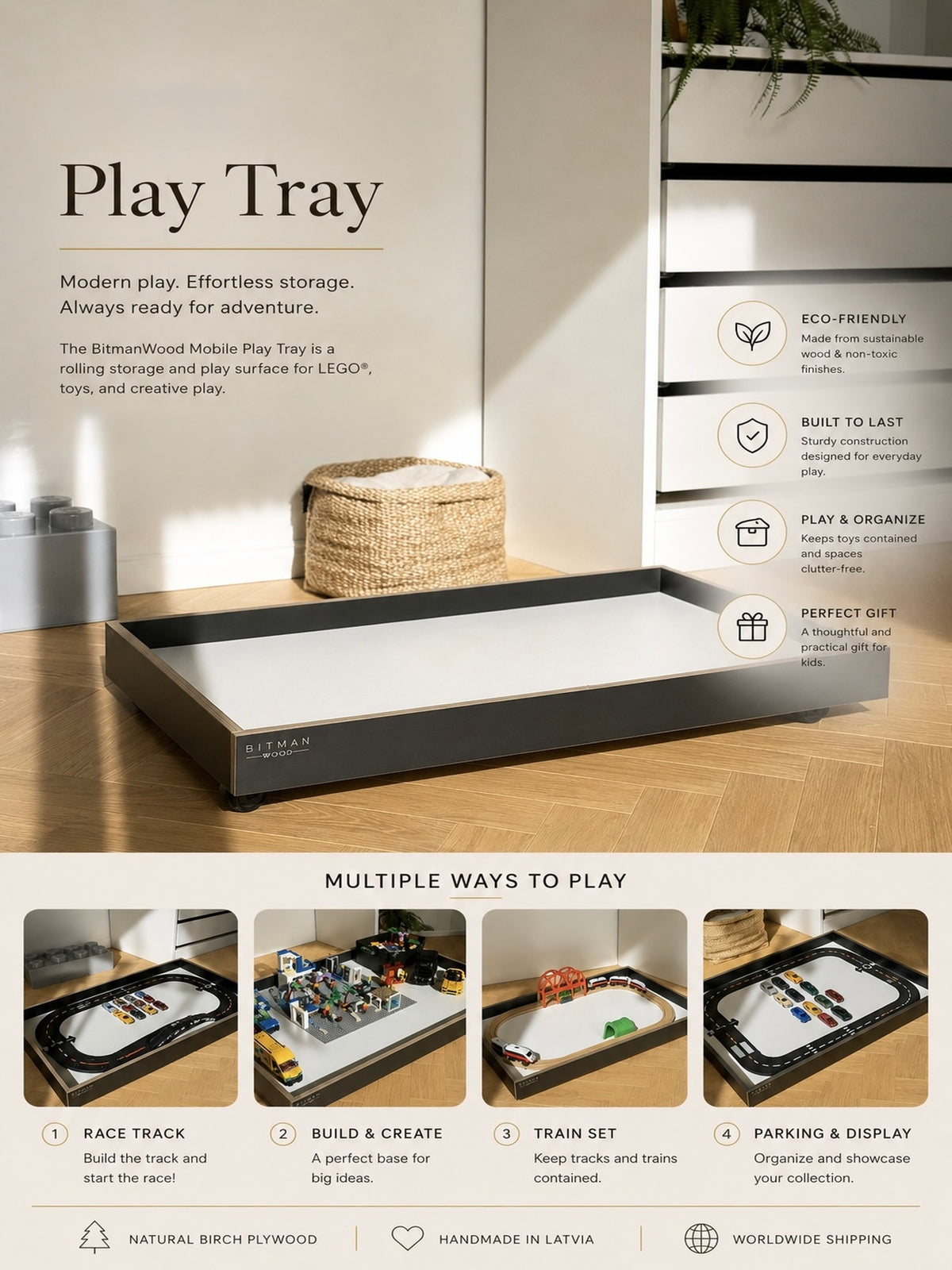 PLAY TRAY PLUS• Lego Toy Under Bed Storage Kids Room Gift Tray On Wheels Minimalist Rolling Table Montessori Kids Furniture